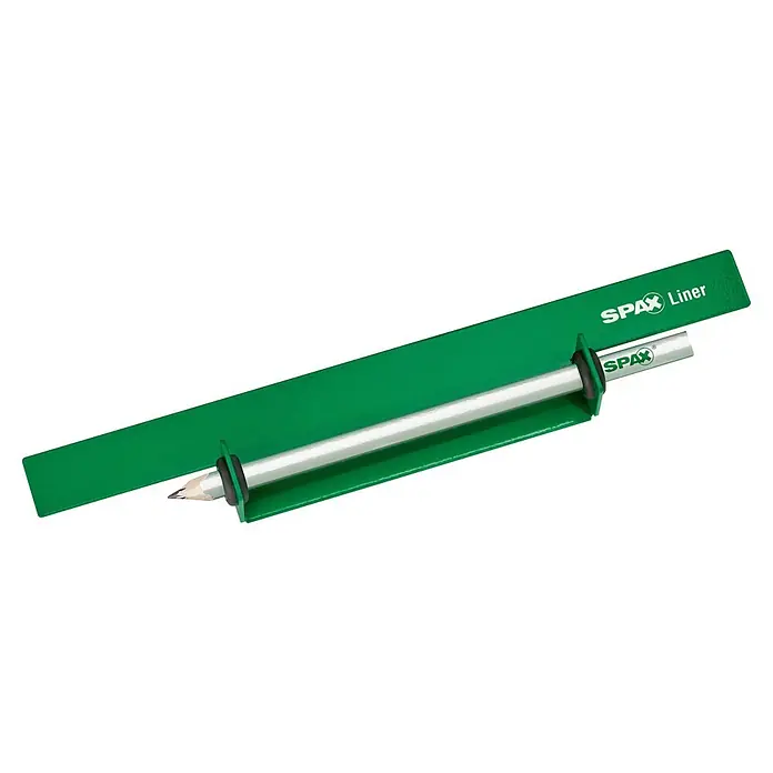 Spax Extras Soporte para tablas Kaiman Pro - Apto para: Construcción de terrazas - Un SPAX Liner verde con un lápiz que pasa a través de su soporte. Es una herramienta útil para hacer marcajes precisos.