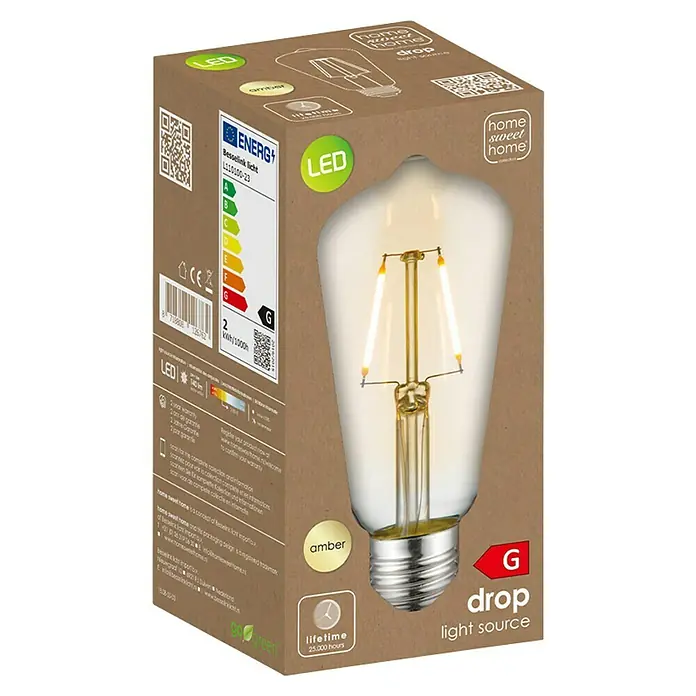Home Sweet Home LED-Lampe - E27, Nicht Dimmbar, Warmweiß, 160 lm, 2 W, Farbe: Gold - Produktverpackung einer Home Sweet Home Drop Light Source LED-Glühbirne, die Energieeffizienz und Lebensdauer hervorhebt.