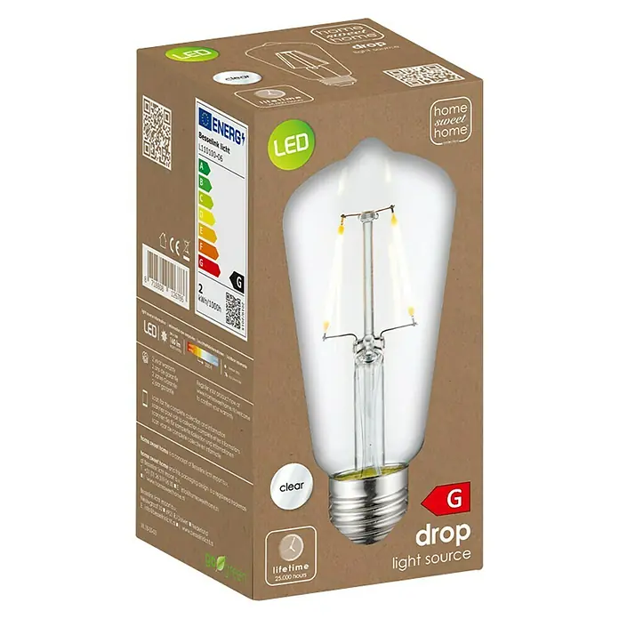 Home Sweet Home LED-Lampe - E27, Nicht Dimmbar, Neutralweiß, 160 lm, 2 W, Farbe: Klar - Produktverpackung einer Home Sweet Home Drop LED-Glühbirne, die ein klares Design und eine lange Lebensdauer von 25.000 Stunden verspricht.