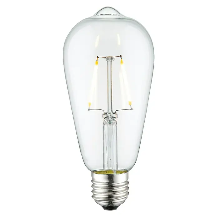 Home Sweet Home LED-Lampe - E27, Nicht Dimmbar, Neutralweiß, 160 lm, 2 W, Farbe: Klar - Nahaufnahme einer LED-Glühbirne im Vintage-Stil mit klarem Glas und sichtbaren Glühfäden, die ein warmes Licht ausstrahlen.