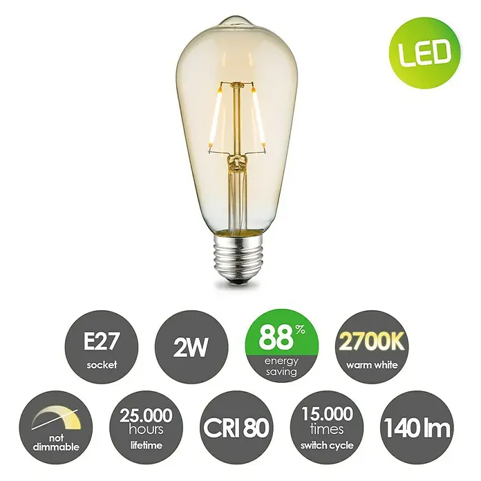 Home Sweet Home LED-Lampe - E27, Nicht Dimmbar, Warmweiß, 160 lm, 2 W, Farbe: Gold - LED-Glühbirne im Vintage-Stil mit E27-Sockel, 2W Leistung, 2700K warmweißes Licht, 88% Energieeinsparung und 25.000 Stunden Lebensdauer.