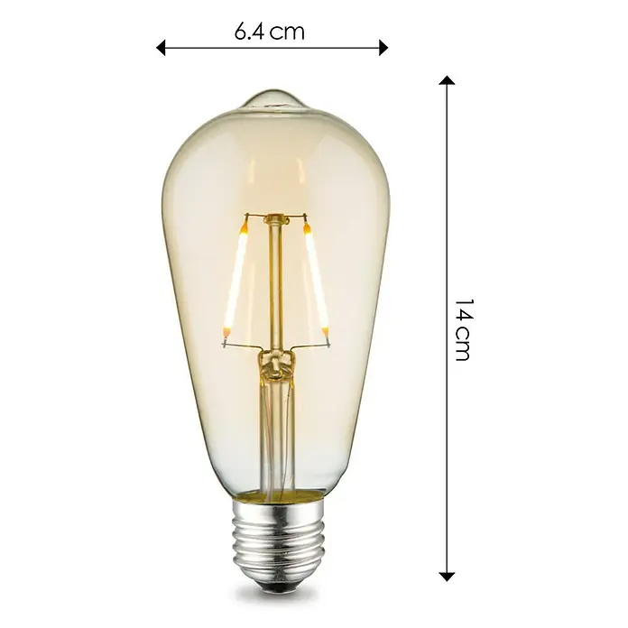 Home Sweet Home LED-Lampe - E27, Nicht Dimmbar, Warmweiß, 160 lm, 2 W, Farbe: Gold - Produktansicht einer Glühbirne mit den Maßen 6,4 cm Breite und 14 cm Höhe. Das Licht hat ein warmes, gelbliches Leuchten.