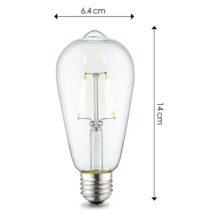 Home Sweet Home LED-Lampe - E27, Nicht Dimmbar, Neutralweiß, 160 lm, 2 W, Farbe: Klar - Produktansicht einer klaren Edison-Glühbirne mit Filament, beschriftet mit 6,4 cm Breite und 14 cm Höhe.