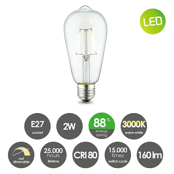 Home Sweet Home LED-Lampe - E27, Nicht Dimmbar, Neutralweiß, 160 lm, 2 W, Farbe: Klar - Klare LED-Glühbirne, 2W, E27-Sockel, warmweißes Licht (3000K), 160lm, 88% Energieeinsparung, nicht dimmbar, 25.000 Stunden Lebensdauer.