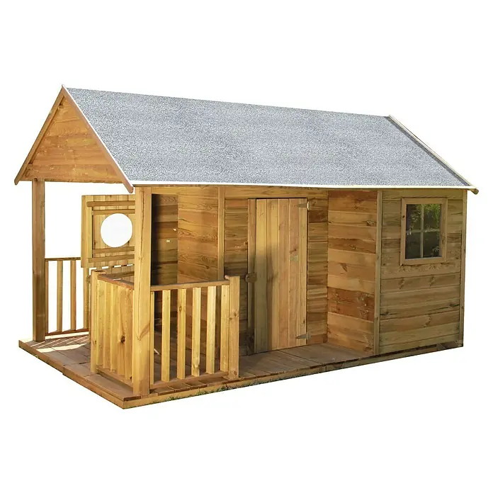Spielhaus Florian - L x B x H: 170 x 270 x 171 cm, Holz, Natur - Abbildung eines Holzspielhauses mit Veranda, grauem Dach und kleinem Fenster, perfekt für Kinder zum Spielen im Freien.
