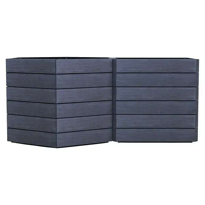 Garantia Hochbeet Ergo Vario 3 Wood Set - 175 x 110 x 75 cm, Kunststoff, Anthrazit/Braun - Das Bild zeigt zwei modulare, graue Pflanzkästen aus Holzimitat, die im 90-Grad-Winkel zueinander angeordnet sind, ideal für Garten und Terrasse.