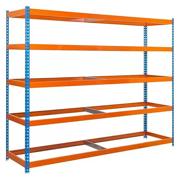 Simonrack Ecoforte Estantería para cargas pesadas Metal - Al x An x Pr: 200 x 180 x 45 cm, Número de baldas: 5 ud., Inserción, Azul/Naranja, Capacidad de carga por balda: 400 kg, Bandejas no incluidas - Una estantería industrial de cinco niveles con montantes azules y vigas de estante naranjas.