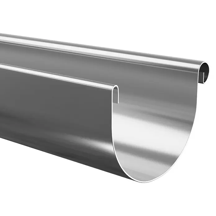 Sarei Dachrinne - Nennweite: 80 mm, Länge: 200 cm, Stahl, Silber - Ein silberner Dachrinnenabschnitt, glänzend und sauber, ideal für die effiziente Ableitung von Regenwasser vom Hausdach.