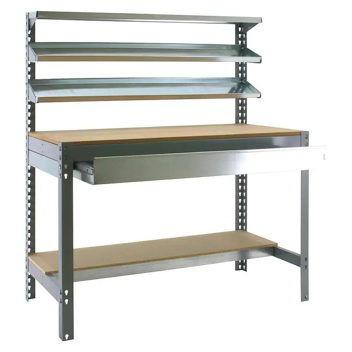Simonrack Juego de banco de trabajo BT1 Box 151 con estantería Chipboard Ecoforte - Metal, 2 pzs. - Foto de producto de un banco de trabajo con cajón y múltiples estantes. Está hecho de metal y tiene tablas de madera.