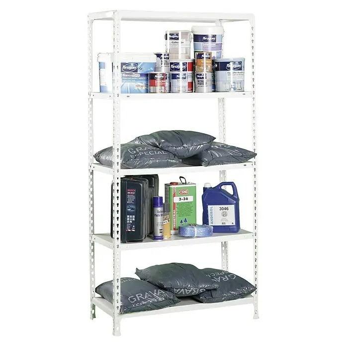 Simonrack Simonclick Estantería metálica Ecoclick Mini - Al x An x Pr: 180 x 80 x 40 cm, Capacidad de carga por balda: 70 kg, Número de baldas: 5 ud., Inserción, Blanco - Una estantería blanca de cinco niveles llena de botes de pintura, recipientes de aceite y sacos, bien almacenados.