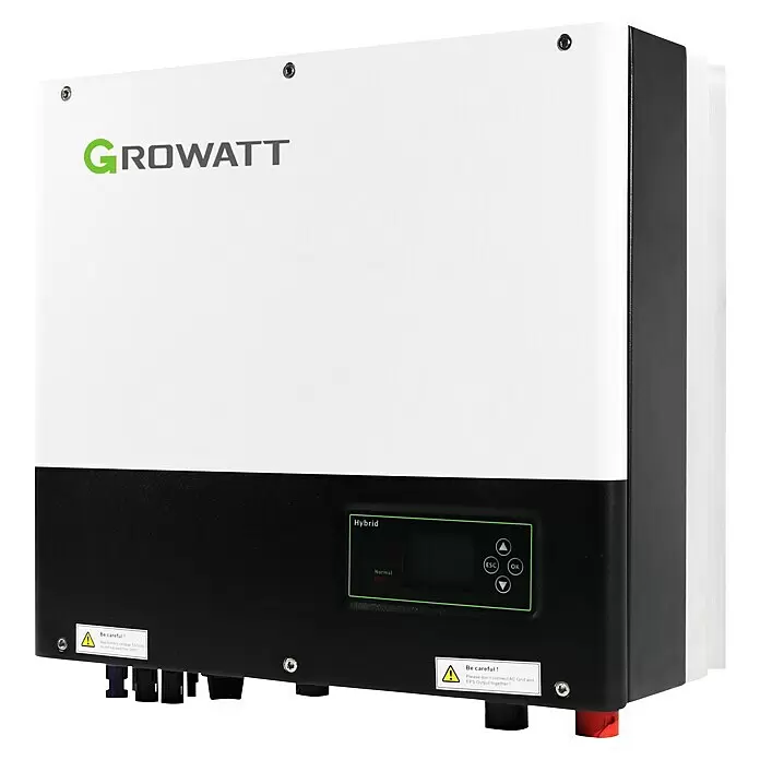 Growatt Wechselrichter SPH 10000TL3 BH-UP - 0% MwSt. (gem. § 12 Abs. 3 UStG) - 10.000 W - Ein Growatt Hybrid-Wechselrichter, weiß-schwarz, mit Digitalanzeige, Tasten und Anschlüssen. Warntafeln sind sichtbar.
