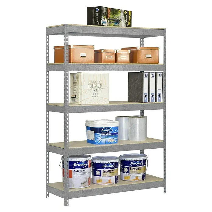 Simonrack Bricoforte Estantería para cargas pesadas Chipboard - Al x An x Pr: 200 x 120 x 60 cm, Capacidad de carga por balda: 300 kg, Número de baldas: 5 ud., Inserción, Galvanizado - Una estantería con varios artículos, incluyendo botes de pintura Bruguer, cajas y objetos diversos, todo bien ordenado y almacenado.