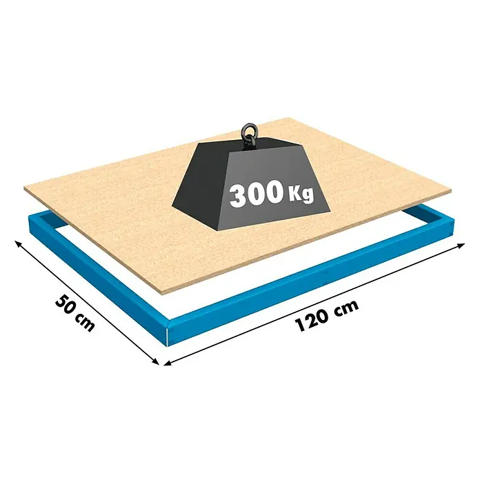 Regalux Balda adicional - L x An x Al: 120 x 50 x 1,2 cm - Ilustración de una plataforma que soporta un peso de 300 kg, demostrando su capacidad de carga.