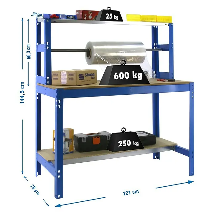 Simonrack Simonwork Banco de trabajo BT4 - L x An: 76 x 121 cm, Altura de trabajo: 144,5 cm, Carga soportada: 875 kg, Azul - Imagen del producto de un banco de trabajo azul de dos niveles con información de peso.