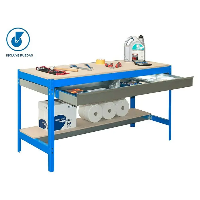 Simonrack Simonwork Banco de trabajo BT0 Box Mobile con panel 40 cm - L x An: 61 x 90 cm, Altura de trabajo: 95 cm, Carga soportada: 120 kg, Azul - Foto de producto de un banco de trabajo con cajón y estante de almacenamiento. Ideal para taller y sala de hobby.