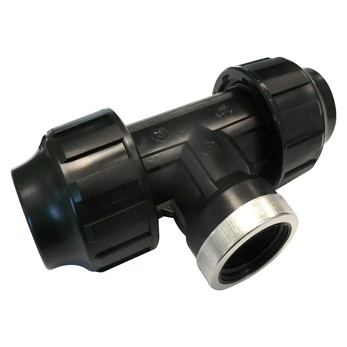 Te PE rosca hembra - 40 mm, 1¼'', Hembra - Racor en T negro con varias conexiones para aplicaciones de fontanería o riego.