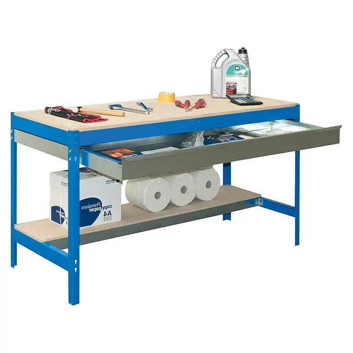 Simonrack Simonwork Banco de trabajo BT0 Box con panel 40 cm - L x An: 61 x 91 cm, Altura de trabajo: 84,2 cm, Carga soportada: 685 kg, Azul - Banco de trabajo con cajón, estante y herramientas. Un espacio de trabajo práctico para taller o sala de hobby con amplio almacenaje.