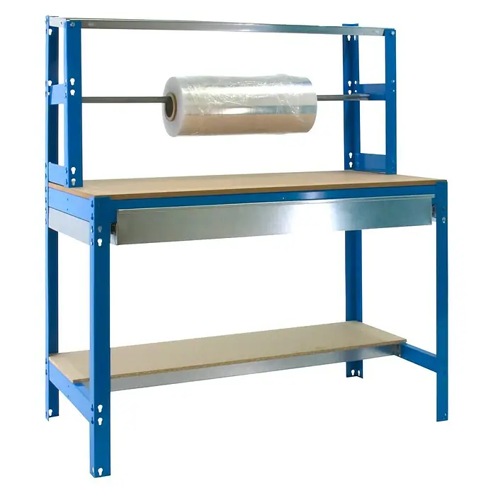 Simonrack Simonwork Banco de trabajo BT4 Box - L x An: 76 x 151 cm, Altura de trabajo: 144,5 cm, Carga soportada: 875 kg, Azul - Banco de trabajo azul para embalaje con dispensador de material y estante para tareas de almacenamiento o envío.