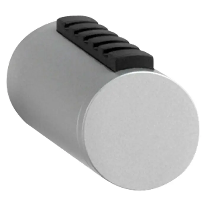Inofix Gancho para colgar 3087 - Acero, Cromo, 1 ud. - Detalle de un cilindro de cierre plateado con un mango negro, ideal para seguridad y estilo moderno.