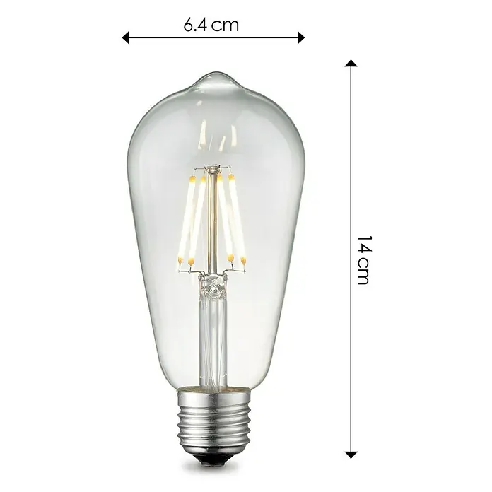 Home Sweet Home LED-Lampe - E27, Dimmbar, Neutralweiß, 700 lm, 6 W, Farbe: Klar - Transparente LED-Filament-Glühbirne mit Silbersockel, 6,4 cm breit und 14 cm hoch.