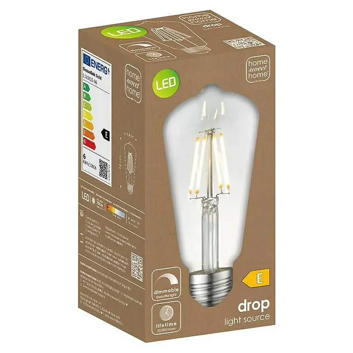 Home Sweet Home LED-Lampe - E27, Dimmbar, Neutralweiß, 700 lm, 6 W, Farbe: Klar - Eine LED-Glühbirne von Besselink Licht, Modell L110125-06, in einer braunen Verpackung mit Energieeffizienzklasse E und einer Lebensdauer von 25.000 Stunden.
