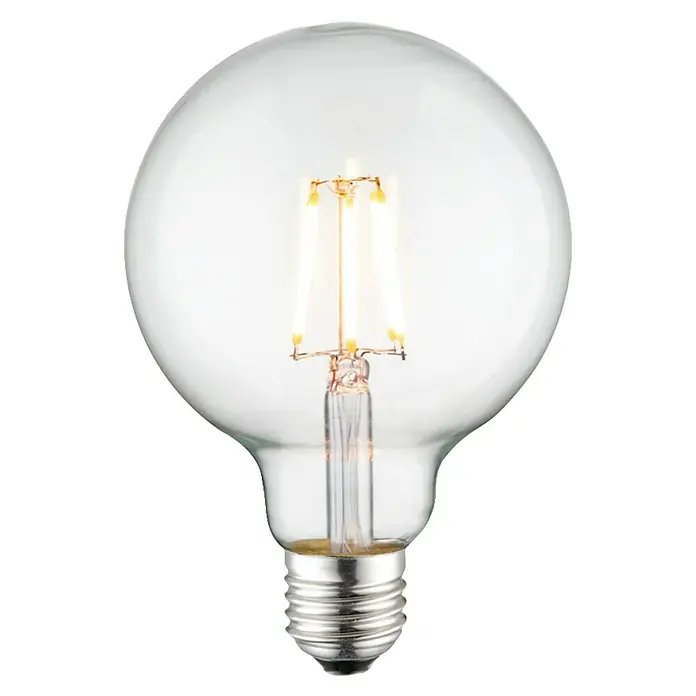 Home Sweet Home LED-Lampe Globe-Form E27 - E27, Dimmbar, Neutralweiß, 550 lm, 6,5 W, Farbe: Klar - Nahaufnahme einer klaren LED-Glühbirne mit einem spiralförmigen Filament und einem Metallsockel vor einem schwarzen Hintergrund.