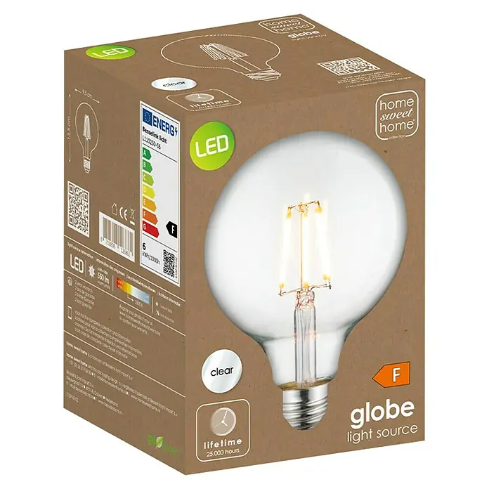 Home Sweet Home LED-Lampe Globe-Form E27 - E27, Dimmbar, Neutralweiß, 550 lm, 6,5 W, Farbe: Klar - Produktverpackung einer Globe LED-Lampe mit klarem Glas und einer Lebensdauer von 25.000 Stunden. Energieeffizienzklasse F.