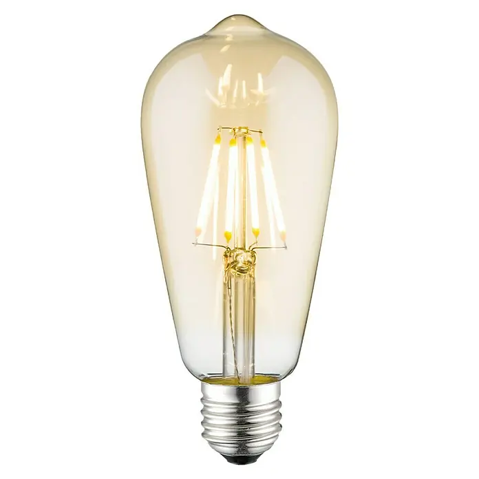 Home Sweet Home LED-Lampe - E27, Dimmbar, Warmweiß, 650 lm, 6 W, Farbe: Gold - Nahaufnahme einer dekorativen LED-Glühbirne in Edison-Form, die warmes Licht ausstrahlt und ein nostalgisches Ambiente erzeugt.