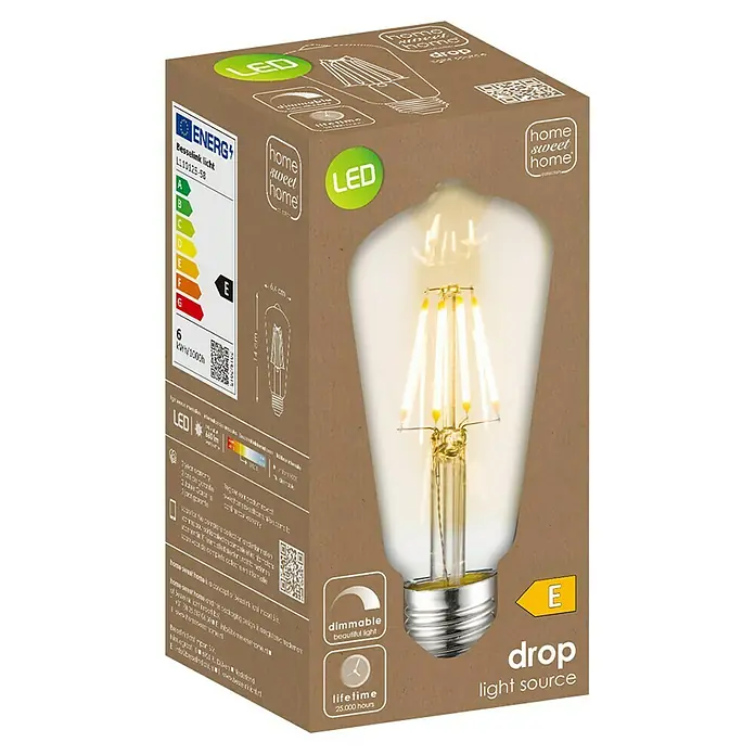 Home Sweet Home LED-Lampe - E27, Dimmbar, Warmweiß, 650 lm, 6 W, Farbe: Gold - Produktbild: Eine Vintage-LED-Glühbirne in einer braunen Verpackung mit den Aufschriften "LED", "Dimmbar" und "25.000 Stunden Lebensdauer".