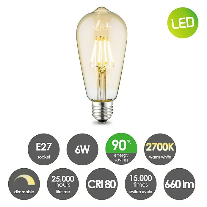 Home Sweet Home LED-Lampe - E27, Dimmbar, Warmweiß, 650 lm, 6 W, Farbe: Gold - Ein Vintage-Stil 6W LED-Leuchtmittel mit E27-Sockel, warmweißem Licht (2700K) und langer Lebensdauer (25.000 Stunden).