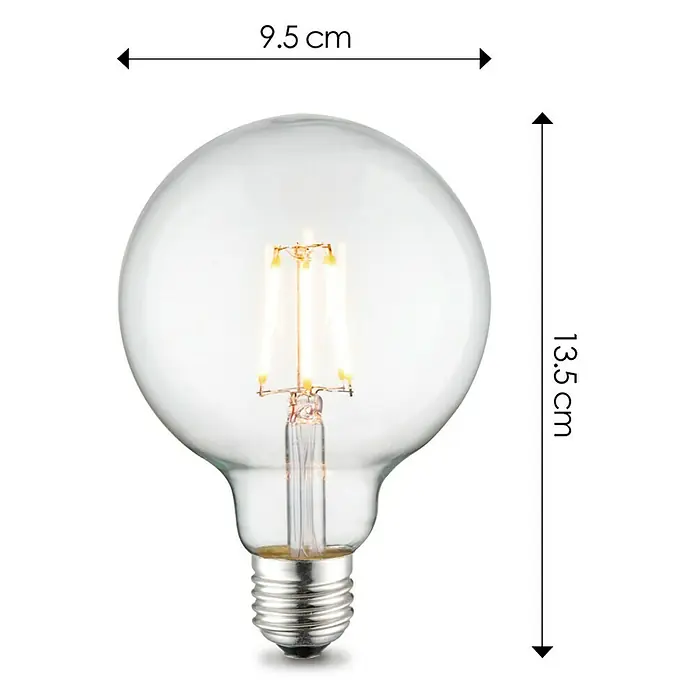 Home Sweet Home LED-Lampe Globe-Form E27 - E27, Dimmbar, Neutralweiß, 550 lm, 6,5 W, Farbe: Klar - Das Bild zeigt eine klare, runde Glühbirne mit sichtbaren Filamenten, die 9,5 cm breit und 13,5 cm hoch ist.