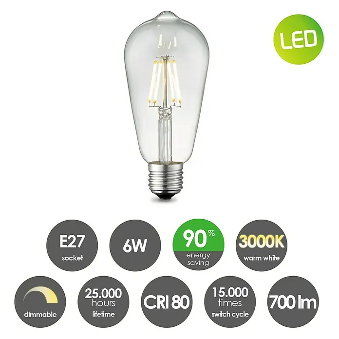 Home Sweet Home LED-Lampe - E27, Dimmbar, Neutralweiß, 700 lm, 6 W, Farbe: Klar - LED-Glühbirne mit E27-Sockel, 6W Leistung, 3000K warmweißes Licht, dimmbar, 25.000 Stunden Lebensdauer und 700 Lumen Helligkeit.