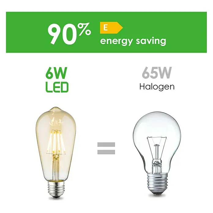 Home Sweet Home LED-Lampe - E27, Dimmbar, Warmweiß, 650 lm, 6 W, Farbe: Gold - LED-Lampe im Vergleich zu Halogen: 6W LED-Lampe bietet 90% Energieeinsparung gegenüber einer 65W Halogenlampe. Energieeffizienzklasse E.