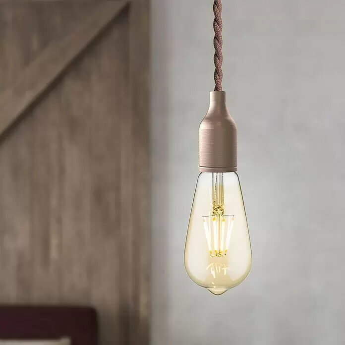 Home Sweet Home LED-Lampe - E27, Dimmbar, Warmweiß, 650 lm, 6 W, Farbe: Gold - Hängende LED-Glühfadenlampe mit Kupferfassung und braunem Textilkabel, warm leuchtend.