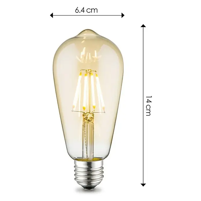 Home Sweet Home LED-Lampe - E27, Dimmbar, Warmweiß, 650 lm, 6 W, Farbe: Gold - Produktbild einer dekorativen Edison-Glühbirne mit sichtbaren Filamenten und Maßangaben (6.4 cm Breite, 14 cm Höhe).