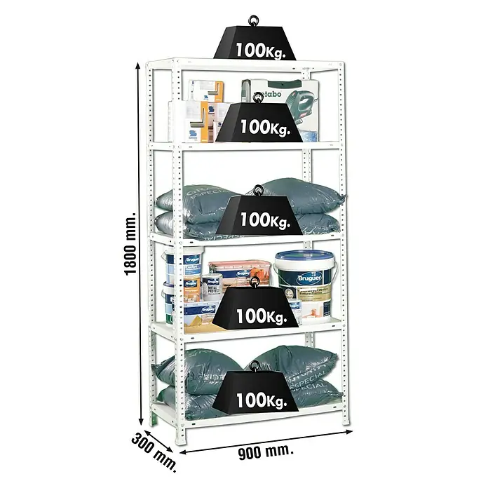 Simonrack Simonclassic Estantería metálica Comfort - Al x An x Pr: 180 x 90 x 30 cm, Capacidad de carga por balda: 100 kg, Número de baldas: 5 ud., Atornillado, Blanco - La imagen muestra una estantería metálica blanca con cinco niveles, cargada con varios objetos y pesos de 100 kg, dimensiones indicadas.