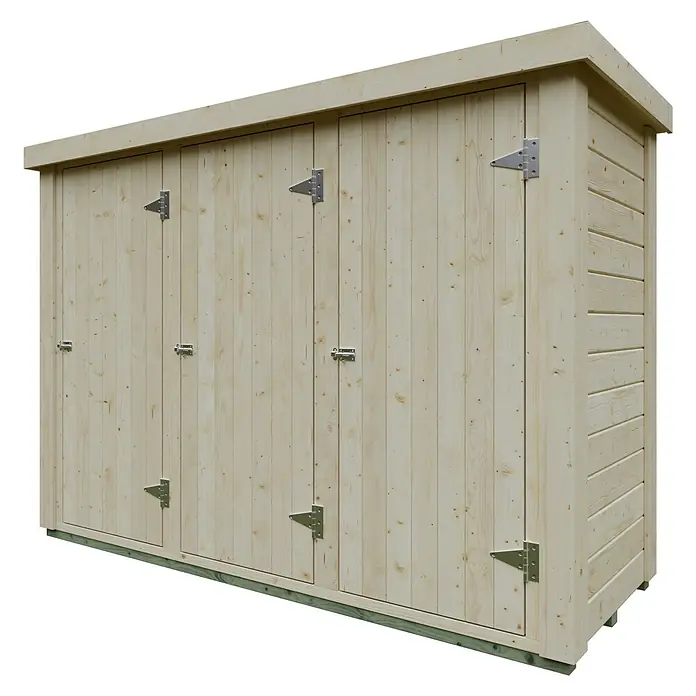 Geräteschrank Rauma - Außenmaß inkl. Dachüberstand (B x T): 244 x 94 cm, Holz, Natur - Holzschuppen mit vier Türen und einem schlichten Design, ideal zur Aufbewahrung von Gartengeräten oder Fahrrädern im Außenbereich.