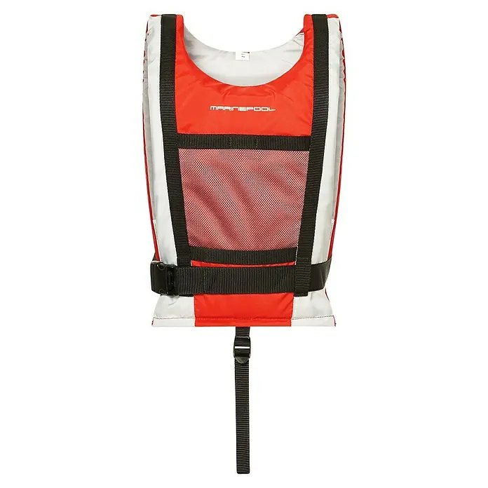 Marinepool Schwimmweste - 40 kg, 50 N, Rot/Grau - Diese Abbildung zeigt eine Rettungsweste mit dem Aufdruck Marinepool. Die Schwimmweste ist rot und weiß mit schwarzen Gurten.