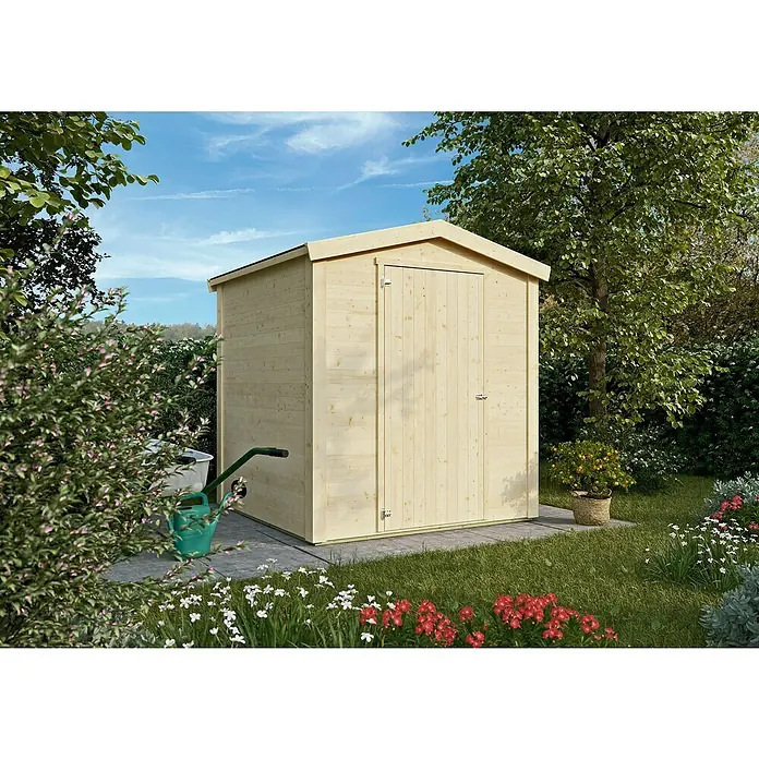 Gerätehaus Pori III - Außenmaß inkl. Dachüberstand (B x T): 194 x 190 cm, Holz, Natur - Holzschuppen im Garten, umgeben von Grün und Blumen. Ideal zur Aufbewahrung von Gartengeräten und Werkzeugen, wetterfest und geräumig.