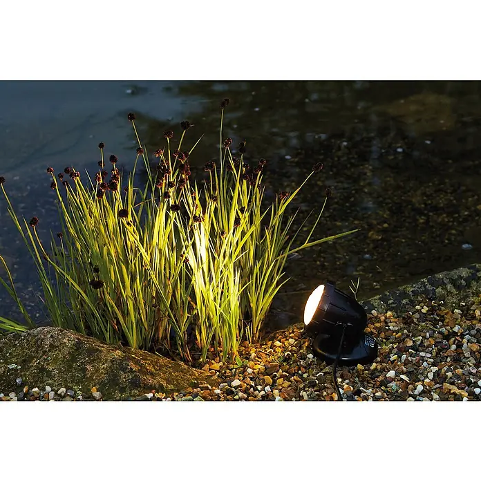 Pontec Teichbeleuchtung PondoStar Set 3 - 1 W, Mit Trafo - Eine schwarze Gartenleuchte beleuchtet dekorativ eine Gruppe von Pflanzen am Rande eines Gartenteichs und sorgt für eine stimmungsvolle Atmosphäre.