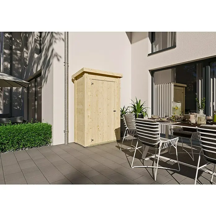 Gerätehaus Salo I - Außenmaß inkl. Dachüberstand (B x T): 135 x 74 cm, Holz, Natur - Ein geräumiger Holzgartenschrank, ideal zur Aufbewahrung von Gartengeräten und -zubehör, fügt sich nahtlos in jede Terrasse ein.