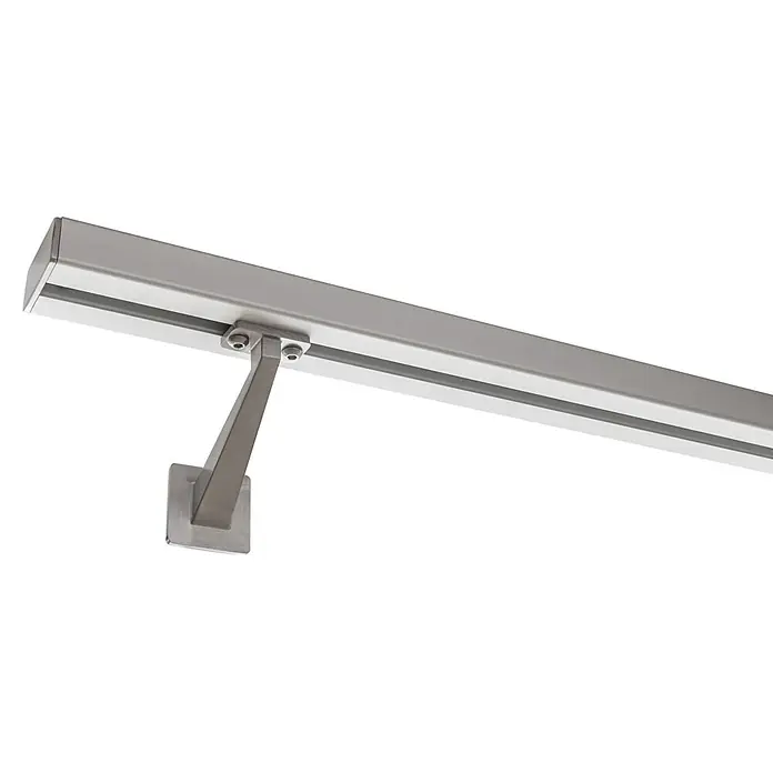 Treba Frewa Handlauf-Set HC1 - Aluminium, Silber, Länge: 1.200 mm - Nahaufnahme einer silbernen LED-Wandleuchte mit quadratischer Halterung.