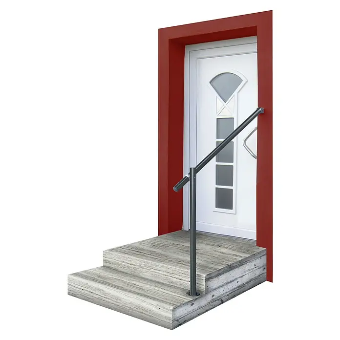 Treba Frewa Geländer-Set GA5 - Oberbodenmontage, Aluminium, Anthrazit, Länge: 111,5 cm - Das Bild zeigt ein barrierefreies Treppengeländer am Hauseingang, ideal für sicheren Halt und als stilvolle Ergänzung.