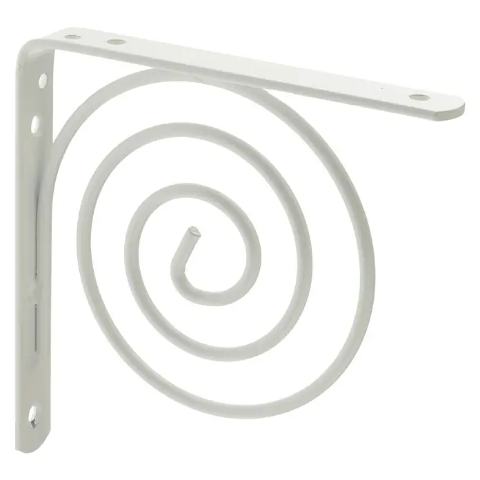 Rei Escuadra de soporte 1463 - Blanco, L x An x Al: 15 x 15 x 2 cm, Carga soportada: 20 kg, Acero - Soporte de estante blanco con diseño en espiral, ideal para crear estantes de pared elegantes. Construcción robusta con agujeros para una fácil instalación.