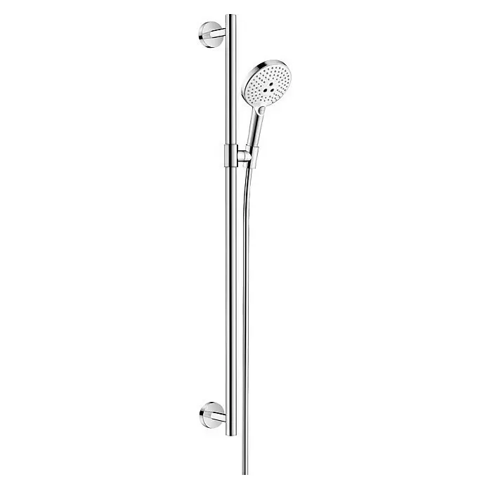 Hansgrohe Raindance Select S Brausegarnitur 120 - Lochabstand: 91,5 cm, Art Strahl: Rain, RainAir, Whirl, Chrom/Weiß - Verchromte Handbrause an einer verstellbaren Duschstange.