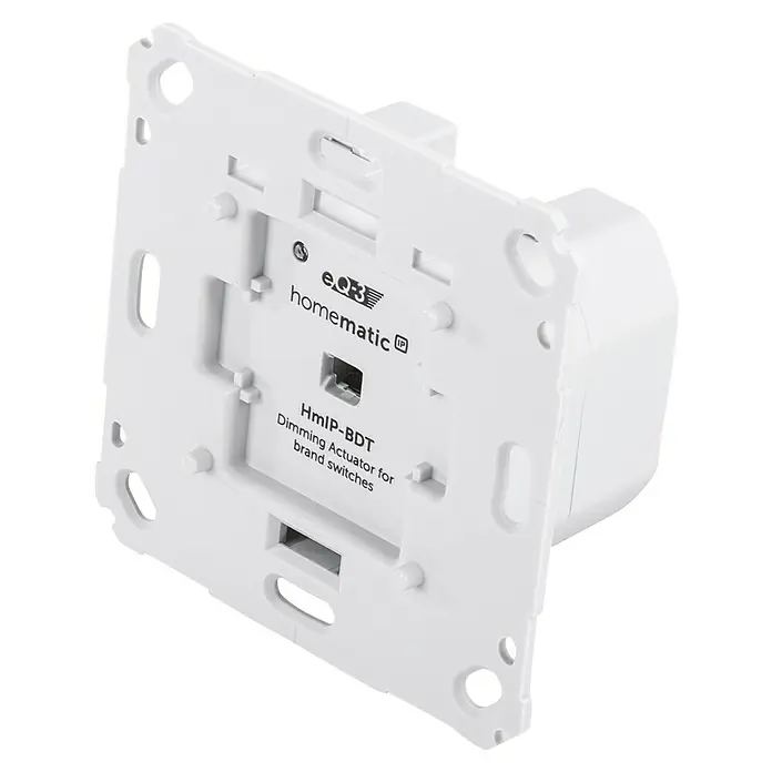 Homematic IP Phasenabschnittdimmer-Einsatz HmIP-BDT - 37 x 71 x 71 mm, Unterputz, 230 V - Nahaufnahme eines Homematic IP Dimmaktor für Markenschalter, der eine smarte Lichtsteuerung ermöglicht.