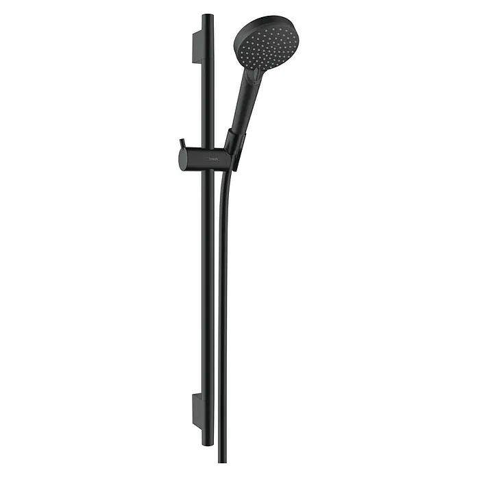 Hansgrohe Vernis Blend Brausegarnitur 100 Vario - Lochabstand: 62,5 cm, Art Strahl: Rain, IntenseRain, Schwarz, Wassersparfunktion - Duschstange mit Handbrause, modernes Design in Mattschwarz für ein stilvolles Badezimmer. Die Brause bietet verschiedene Strahlarten für ein entspannendes Duscherlebnis.