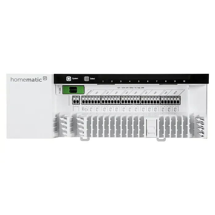 Homematic IP Fußbodenheizungsregler HmIP-FAL230-C10 - 52 x 225 x 75 mm, Funk, 230 V - Nahaufnahme eines Homematic IP-Geräts, das eine intelligente Haussteuerung ermöglicht, mit Anschlüssen und Bedienelementen.