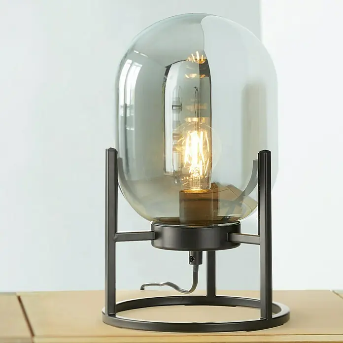 Fischer & Honsel Tischleuchte - L x B x H: 5 x 17 x 8 cm, Schwarz, E27 - Stilvolle Tischleuchte mit einem rauchgrauen Glaslampenschirm und einem modernen schwarzen Metallfuß. Ideal für eine gemütliche Atmosphäre.