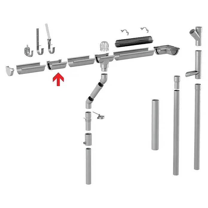 FunkeGruppe Rinnenverbinder - Nennweite: 75 mm, Kunststoff, Anthrazit - Produktabbildung einer grauen Dachrinne, ein wichtiges Element für die effiziente Regenwasserableitung vom Dach.